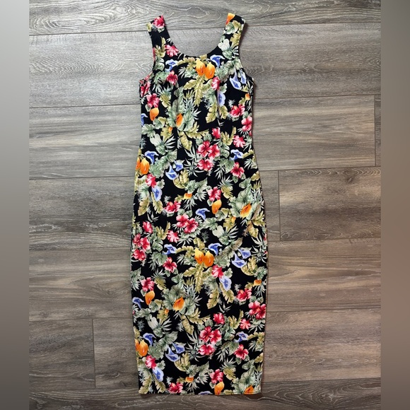 Ulterior Motives Dresses & Skirts - Vintage Ulterior Motives Black Floral Tropical Sleeveless Midi Dress Size 9/10